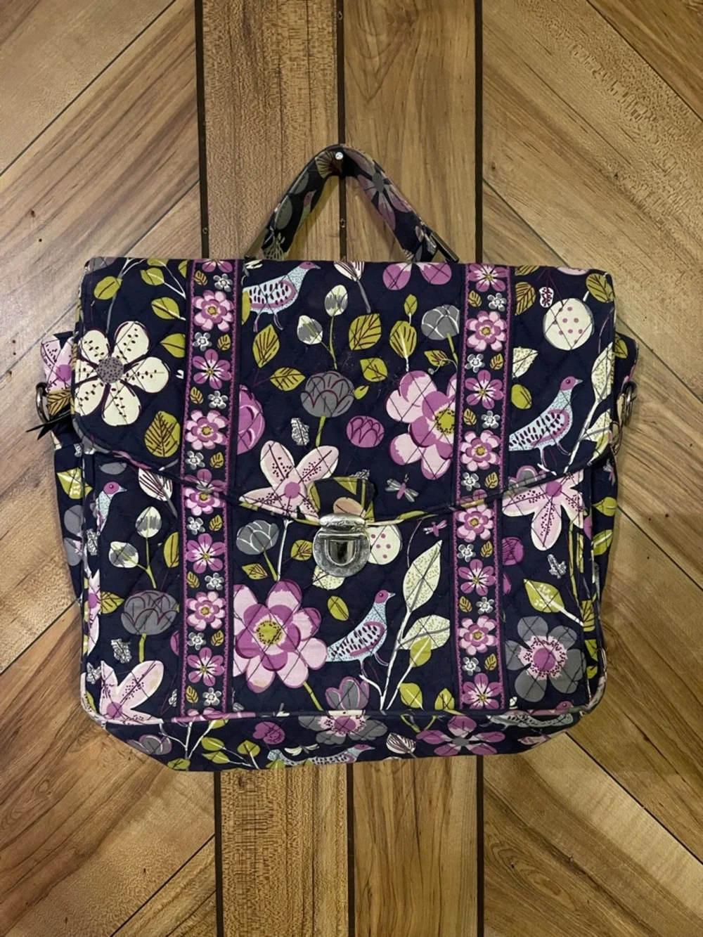 Vera Bradley Night and Day Bird Quilted Messenger Bag Purple Floral